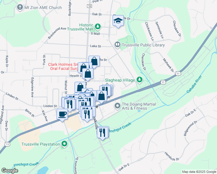 map of restaurants, bars, coffee shops, grocery stores, and more near 133 Cherry Street in Trussville