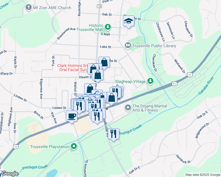 map of restaurants, bars, coffee shops, grocery stores, and more near 208 Birdie Street in Trussville