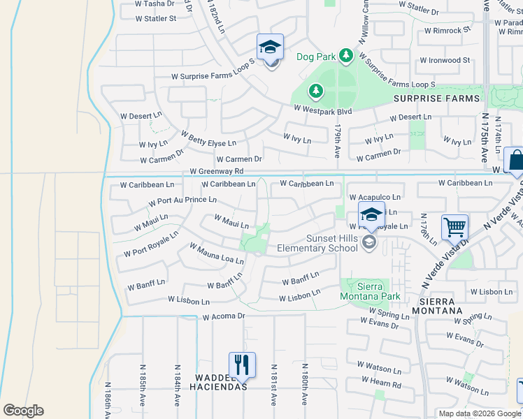 map of restaurants, bars, coffee shops, grocery stores, and more near 15217 North 181st Drive in Surprise