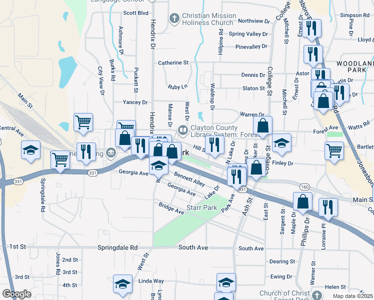 map of restaurants, bars, coffee shops, grocery stores, and more near 690 Main Street in Forest Park