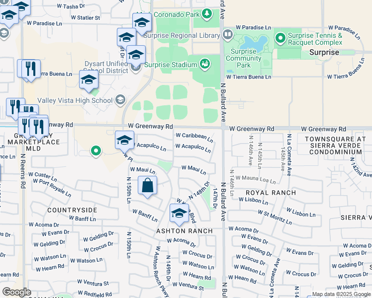 map of restaurants, bars, coffee shops, grocery stores, and more near 14872 West Acapulco Lane in Surprise