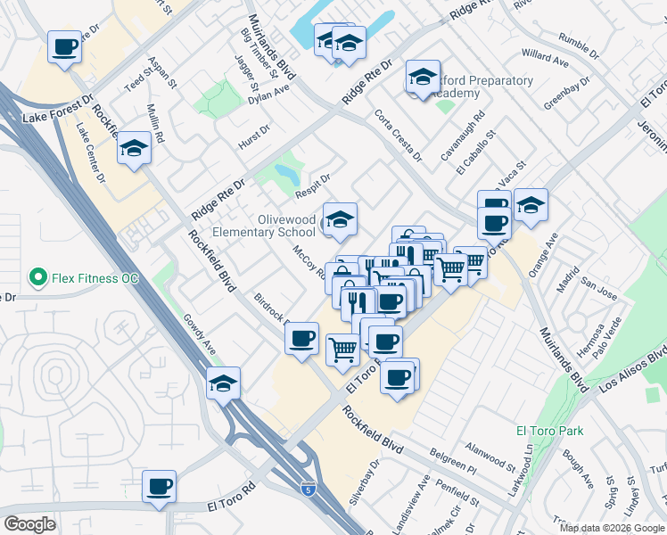 map of restaurants, bars, coffee shops, grocery stores, and more near 23432 Dune Mear Road in Lake Forest