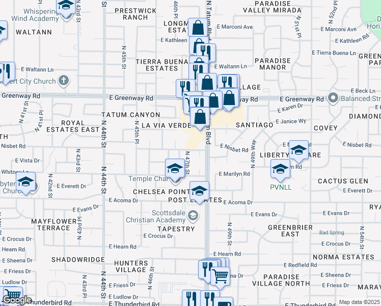 map of restaurants, bars, coffee shops, grocery stores, and more near 4631 East Nisbet Road in Phoenix