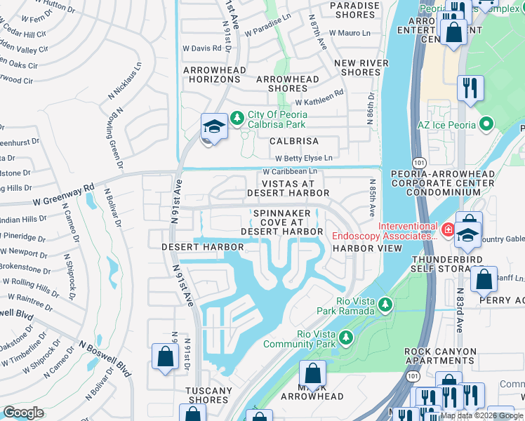 map of restaurants, bars, coffee shops, grocery stores, and more near 8832 West Custer Lane in Peoria