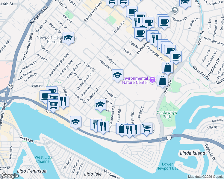 map of restaurants, bars, coffee shops, grocery stores, and more near 2101 East 15th Street in Newport Beach