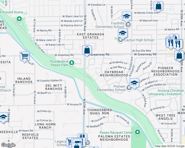 map of restaurants, bars, coffee shops, grocery stores, and more near 6671 West Port Au Prince Lane in Glendale