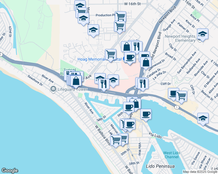 map of restaurants, bars, coffee shops, grocery stores, and more near Hoag Drive in Newport Beach
