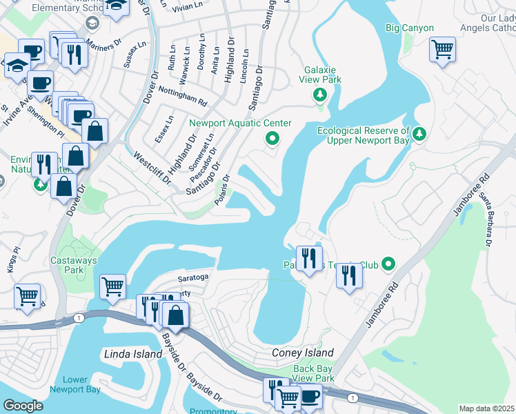map of restaurants, bars, coffee shops, grocery stores, and more near 219 Evening Star Lane in Newport Beach