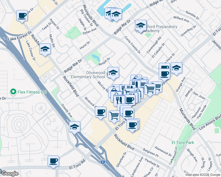 map of restaurants, bars, coffee shops, grocery stores, and more near 23432 Dune Mear Road in Lake Forest