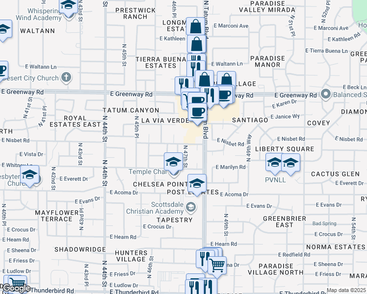 map of restaurants, bars, coffee shops, grocery stores, and more near 4631 East Nisbet Road in Phoenix