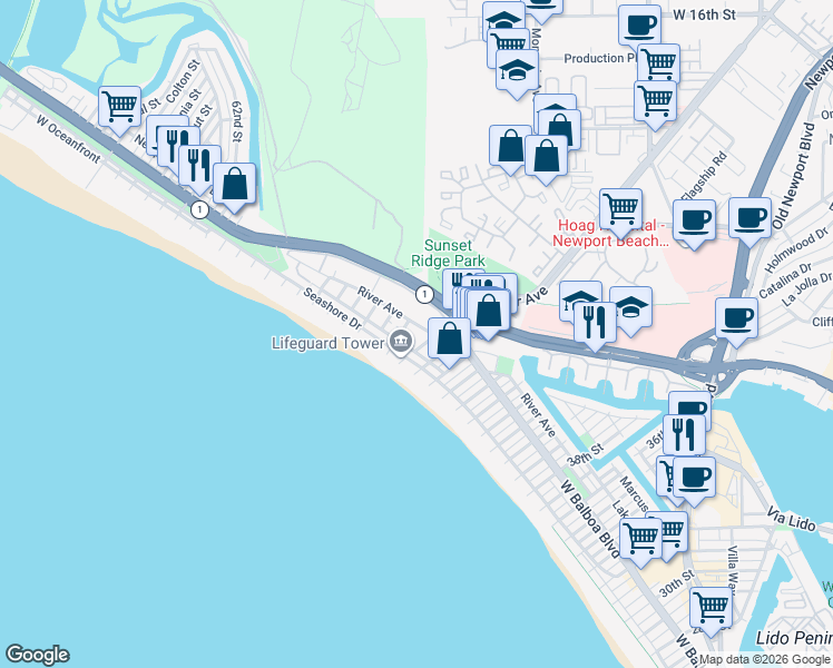 map of restaurants, bars, coffee shops, grocery stores, and more near 4821 River Avenue in Newport Beach