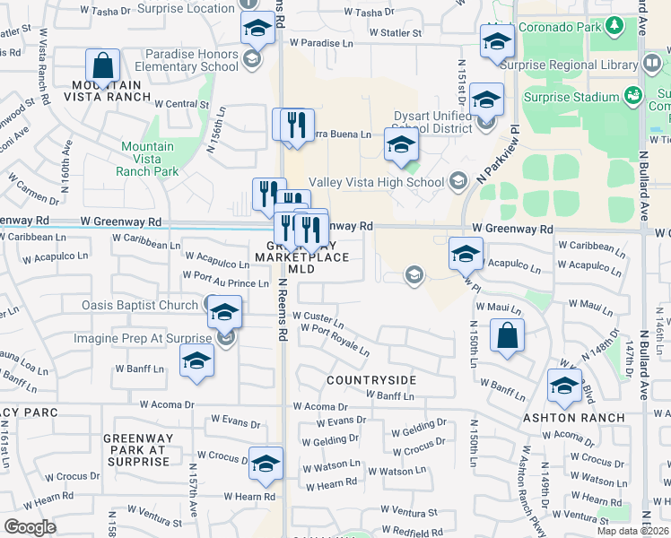 map of restaurants, bars, coffee shops, grocery stores, and more near 15458 West Port Au Prince Lane in Surprise