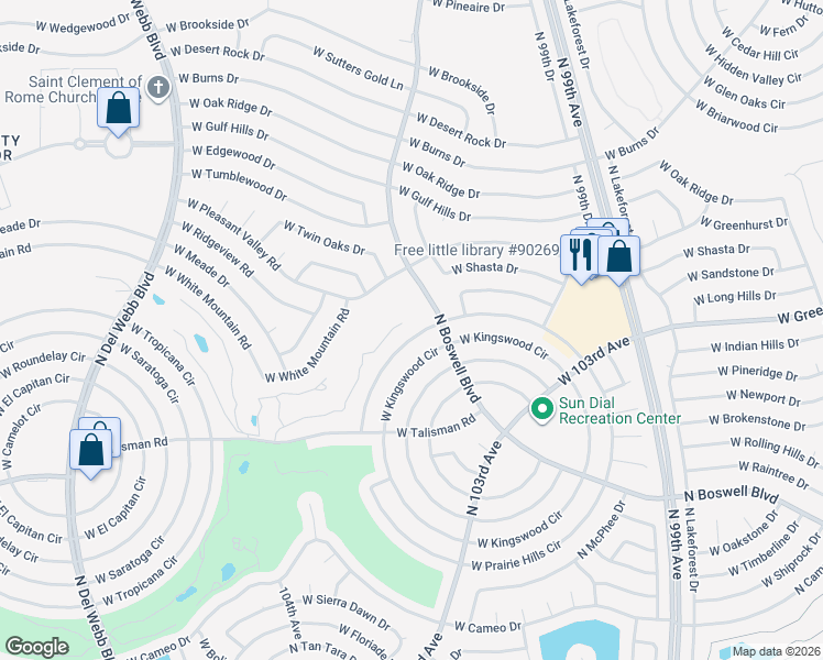 map of restaurants, bars, coffee shops, grocery stores, and more near 10410 West Prairie Hills Circle in Sun City