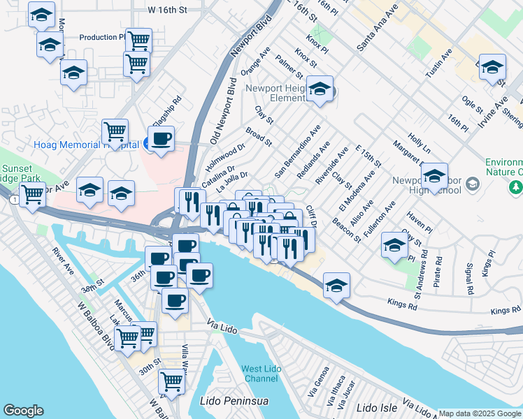 map of restaurants, bars, coffee shops, grocery stores, and more near 2919 Cliff Drive in Newport Beach