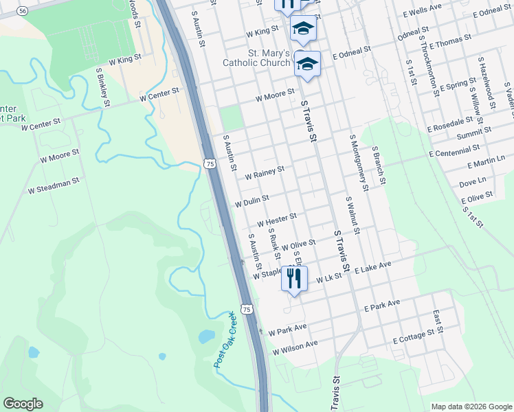 map of restaurants, bars, coffee shops, grocery stores, and more near 324 West Dulin Street in Sherman