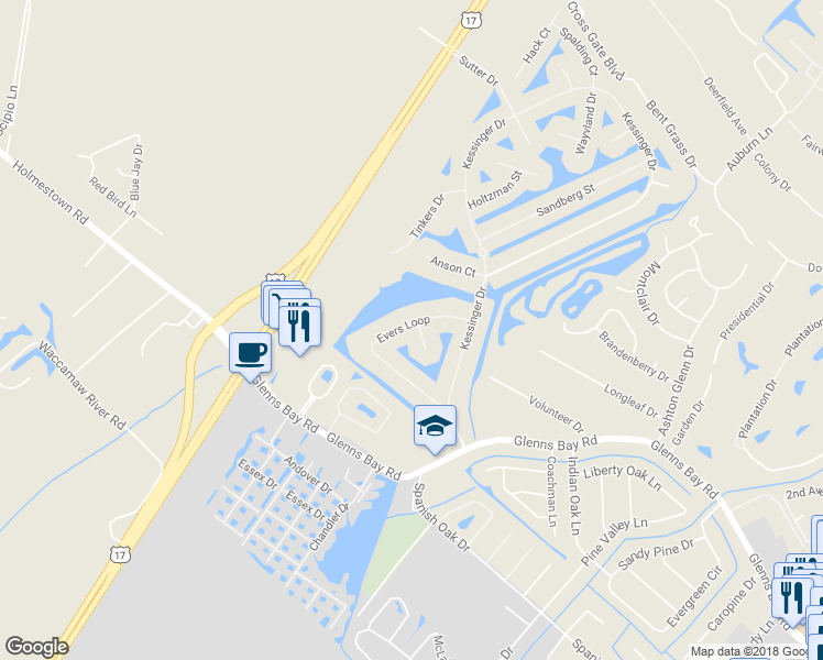 map of restaurants, bars, coffee shops, grocery stores, and more near 1300 Sosa Court in Surfside Beach