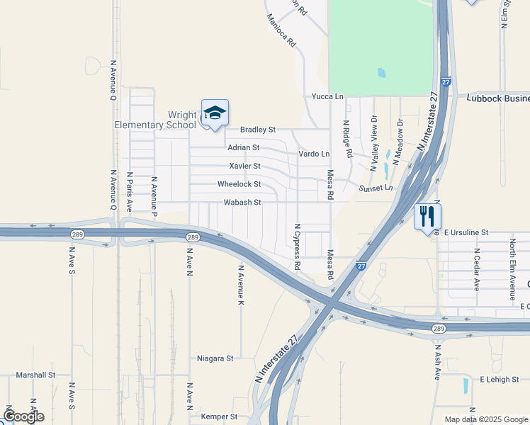 map of restaurants, bars, coffee shops, grocery stores, and more near 1001-1399 Wabash Street in Lubbock