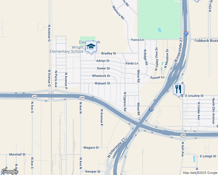 map of restaurants, bars, coffee shops, grocery stores, and more near 1001-1399 Wabash Street in Lubbock