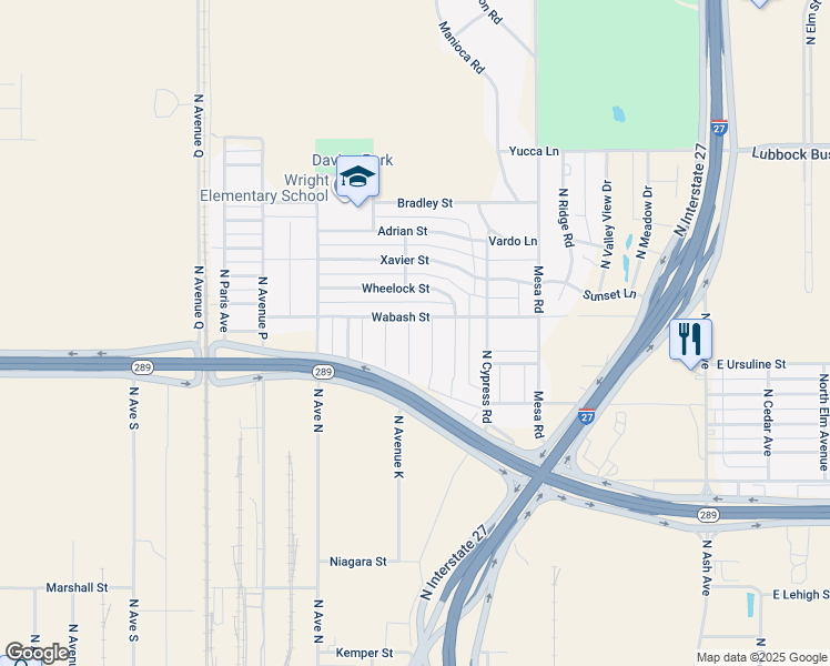 map of restaurants, bars, coffee shops, grocery stores, and more near 1001-1399 Wabash Street in Lubbock
