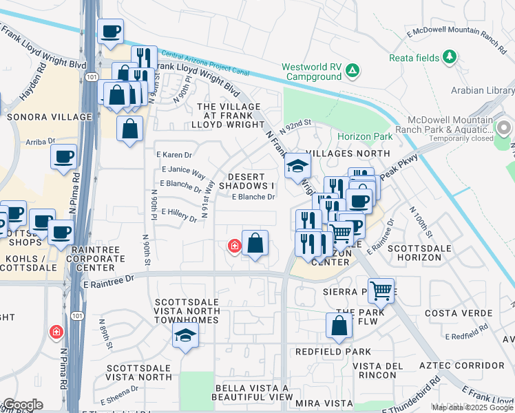 map of restaurants, bars, coffee shops, grocery stores, and more near 9289 East Blanche Drive in Scottsdale