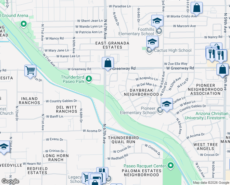 map of restaurants, bars, coffee shops, grocery stores, and more near 6671 West Port Au Prince Lane in Glendale