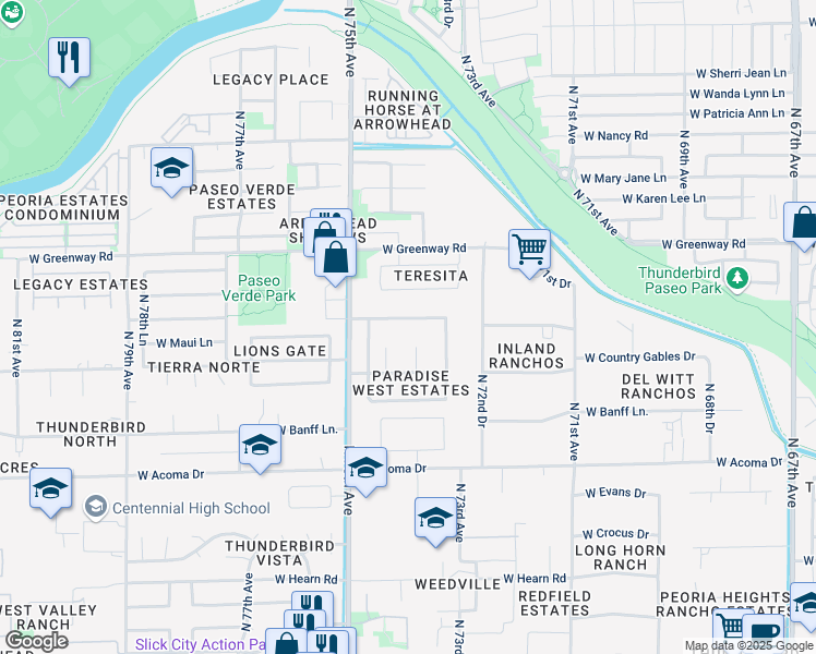 map of restaurants, bars, coffee shops, grocery stores, and more near 7403 West Port Au Prince Lane in Peoria