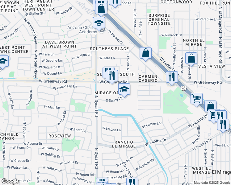 map of restaurants, bars, coffee shops, grocery stores, and more near 13011 West Greenway Road in Surprise