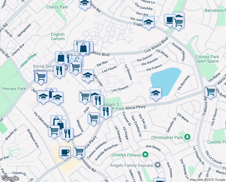 map of restaurants, bars, coffee shops, grocery stores, and more near 26192 Sanz in Mission Viejo