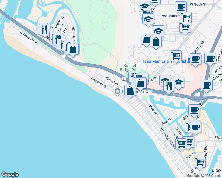 map of restaurants, bars, coffee shops, grocery stores, and more near 4914 Neptune Avenue in Newport Beach