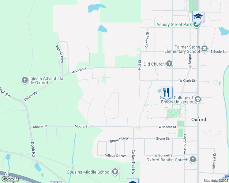 map of restaurants, bars, coffee shops, grocery stores, and more near 140 Longstreet Circle in Oxford