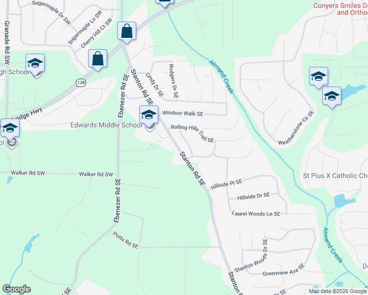 map of restaurants, bars, coffee shops, grocery stores, and more near 2630 Rolling Hills Way Southeast in Conyers