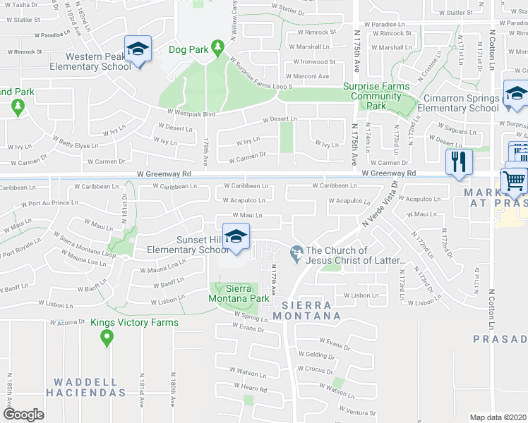 map of restaurants, bars, coffee shops, grocery stores, and more near 17738 West Maui Lane in Surprise