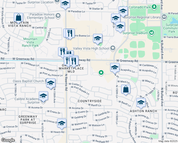 map of restaurants, bars, coffee shops, grocery stores, and more near 15339 West Acapulco Lane in Surprise