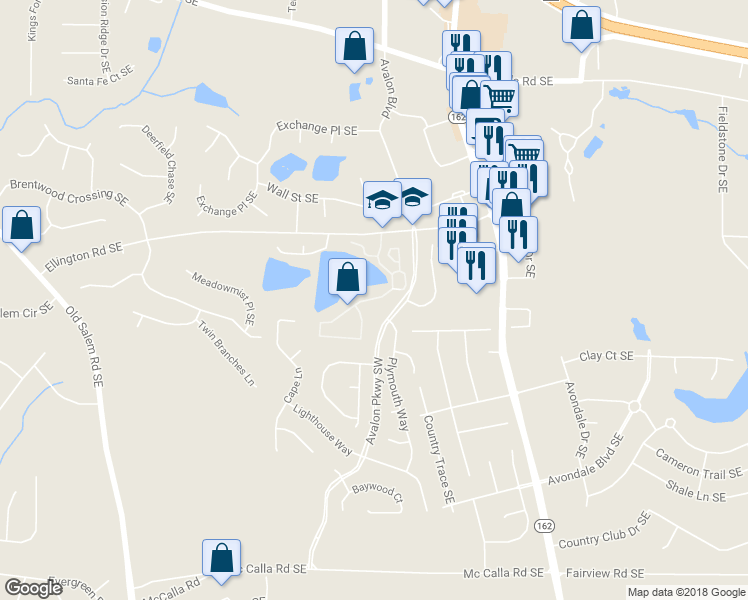 map of restaurants, bars, coffee shops, grocery stores, and more near 900 Loch Haven Drive Southeast in Conyers