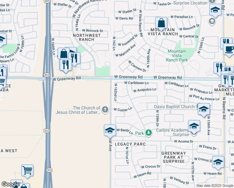 map of restaurants, bars, coffee shops, grocery stores, and more near 15241 North 162nd Lane in Surprise
