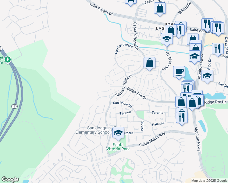 map of restaurants, bars, coffee shops, grocery stores, and more near 22185 Caminito Vino in Laguna Hills