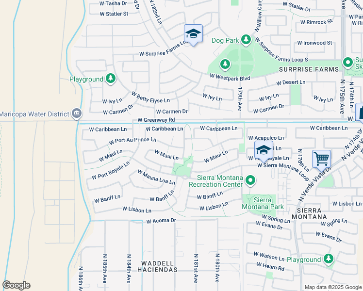 map of restaurants, bars, coffee shops, grocery stores, and more near 15217 North 181st Drive in Surprise