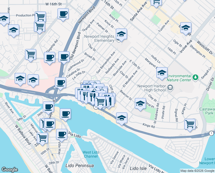 map of restaurants, bars, coffee shops, grocery stores, and more near 255 Ocean View Avenue in Newport Beach