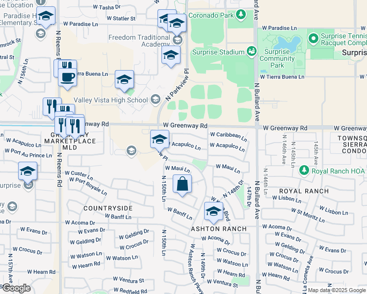 map of restaurants, bars, coffee shops, grocery stores, and more near 14955 West Acapulco Lane in Surprise