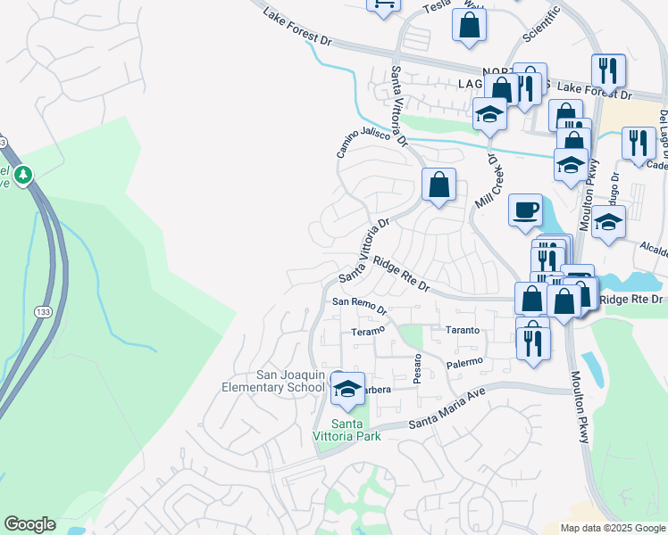 map of restaurants, bars, coffee shops, grocery stores, and more near 22185 Caminito Vino in Laguna Hills