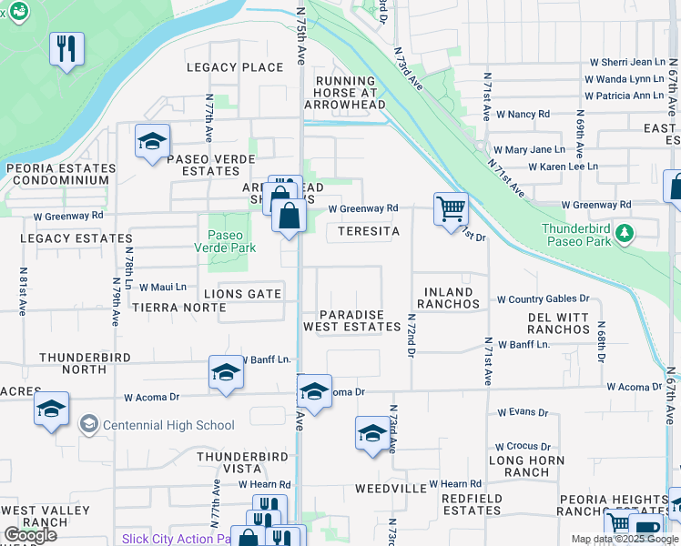 map of restaurants, bars, coffee shops, grocery stores, and more near 7403 West Port Au Prince Lane in Peoria