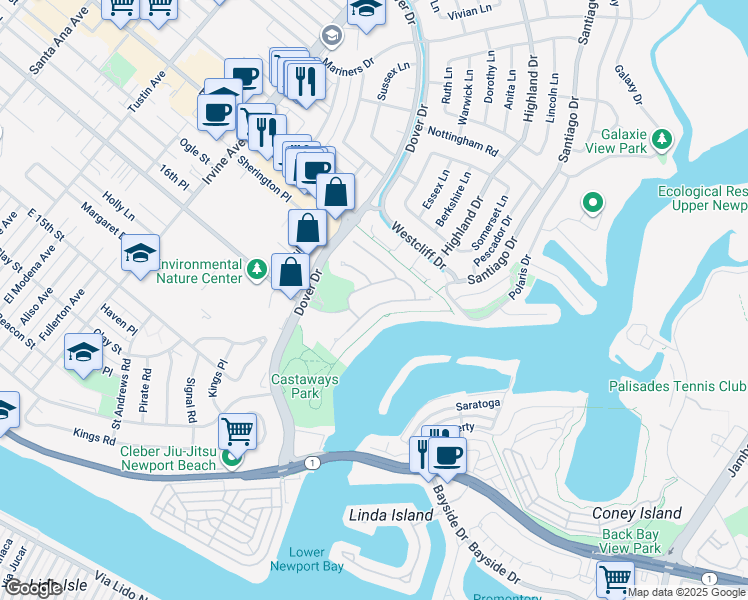 map of restaurants, bars, coffee shops, grocery stores, and more near 24 Cape Andover in Newport Beach