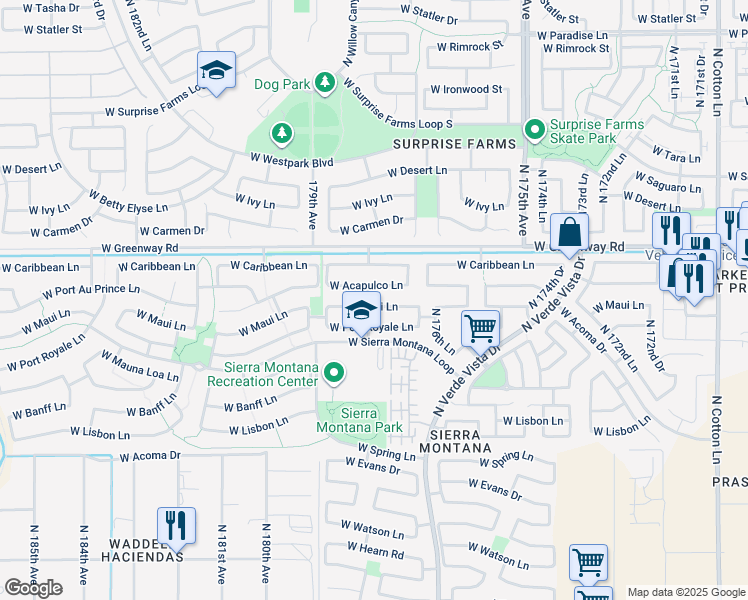 map of restaurants, bars, coffee shops, grocery stores, and more near 17769 West Acapulco Lane in Surprise