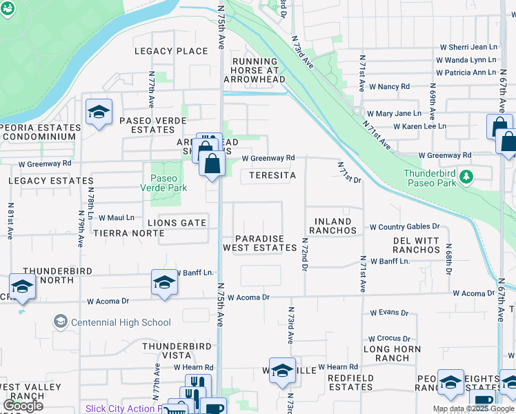 map of restaurants, bars, coffee shops, grocery stores, and more near 7403 West Port Au Prince Lane in Peoria