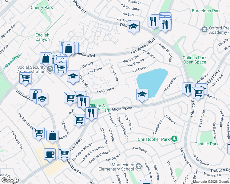 map of restaurants, bars, coffee shops, grocery stores, and more near 26306 Los Viveros in Mission Viejo