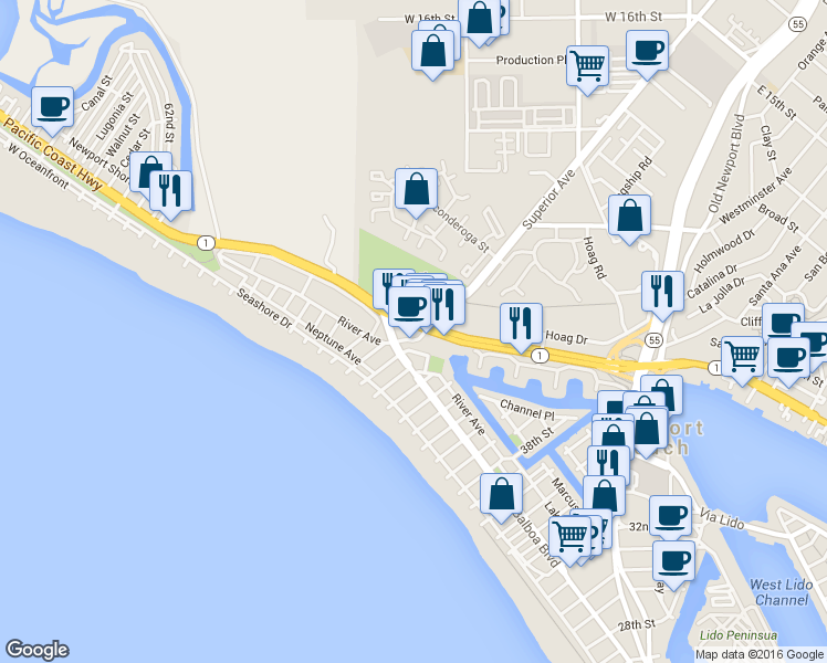 map of restaurants, bars, coffee shops, grocery stores, and more near 4511 West Coast Highway in Newport Beach