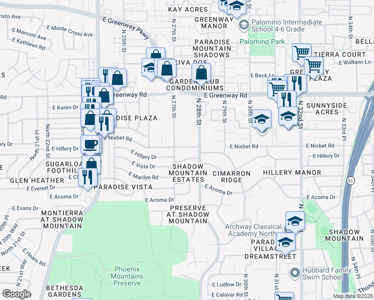 map of restaurants, bars, coffee shops, grocery stores, and more near 2721 East Nisbet Road in Phoenix