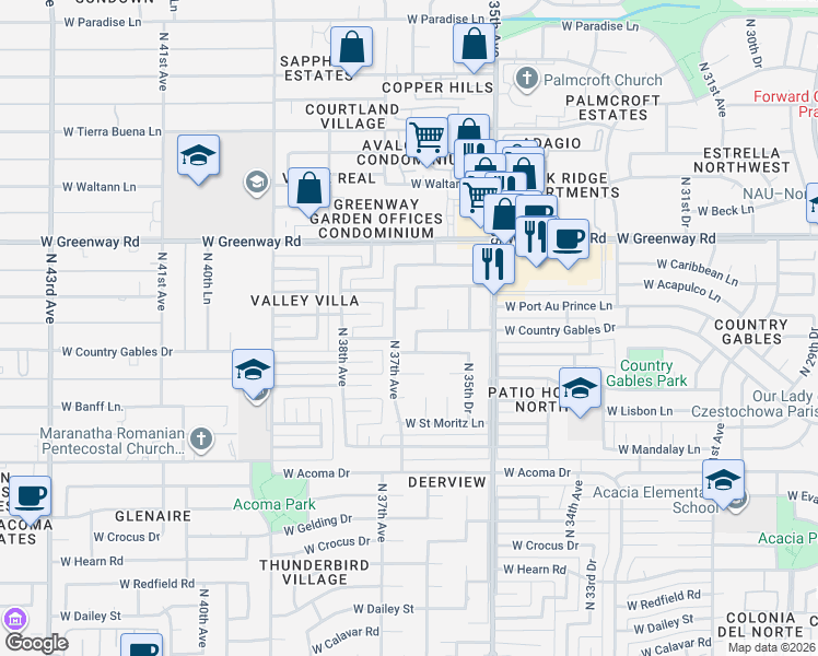 map of restaurants, bars, coffee shops, grocery stores, and more near 14854 North 36th Drive in Phoenix