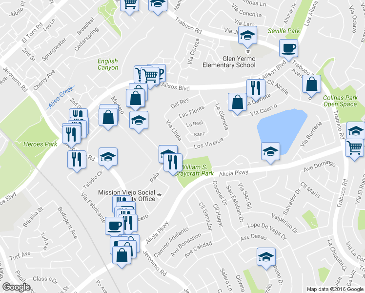 map of restaurants, bars, coffee shops, grocery stores, and more near 23461 Via Linda in Mission Viejo