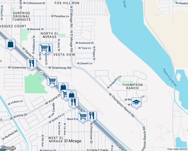 map of restaurants, bars, coffee shops, grocery stores, and more near 15204 North Poppy Street in El Mirage